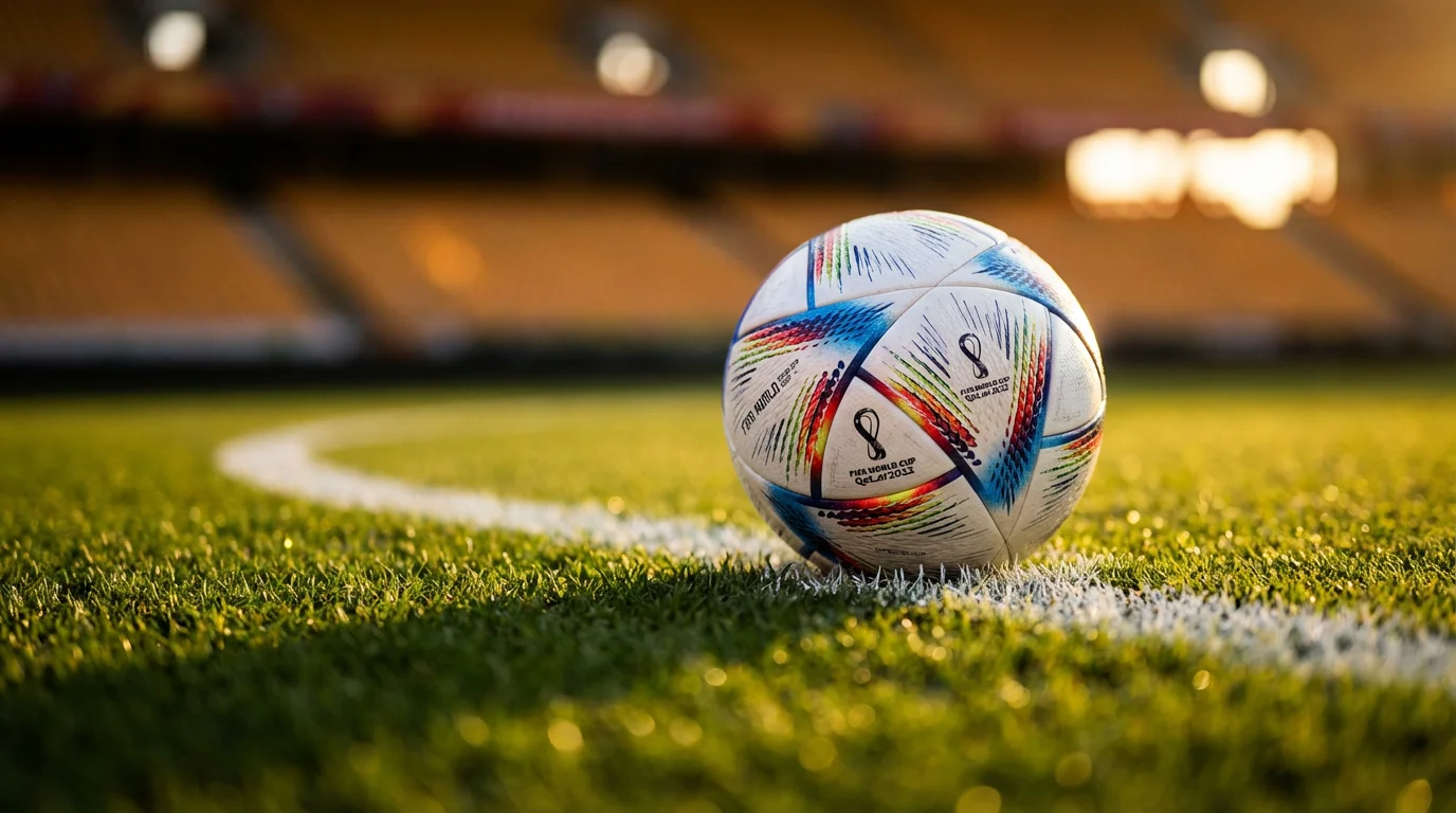 Balón de fútbol oficial sobre el césped del centro del campo de un estadio profesional