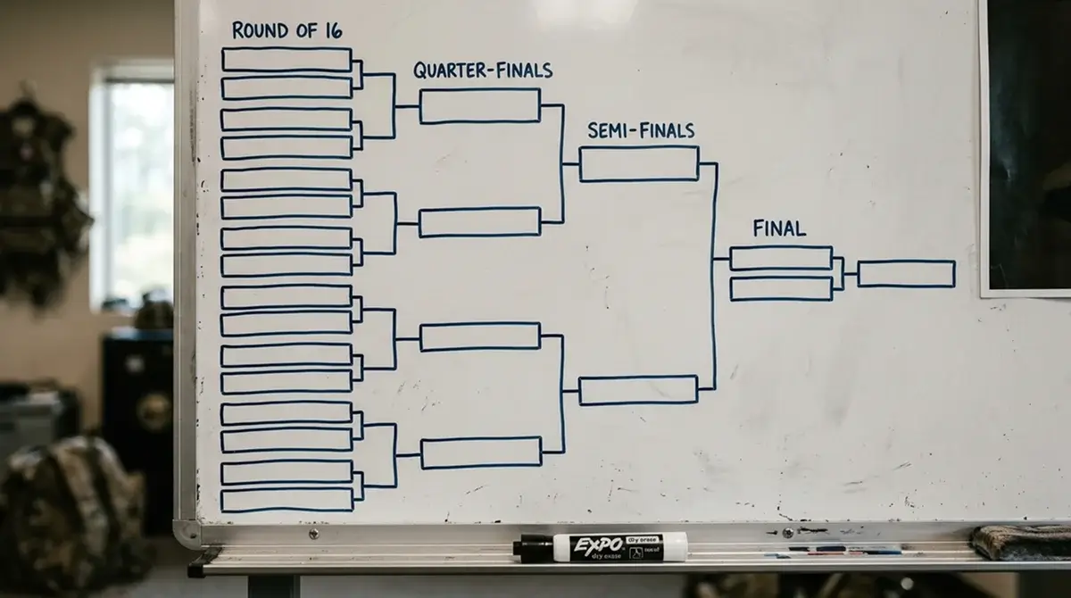 Cuadro de la fase eliminatoria de un torneo de fútbol dibujándose sobre una pizarra táctica
