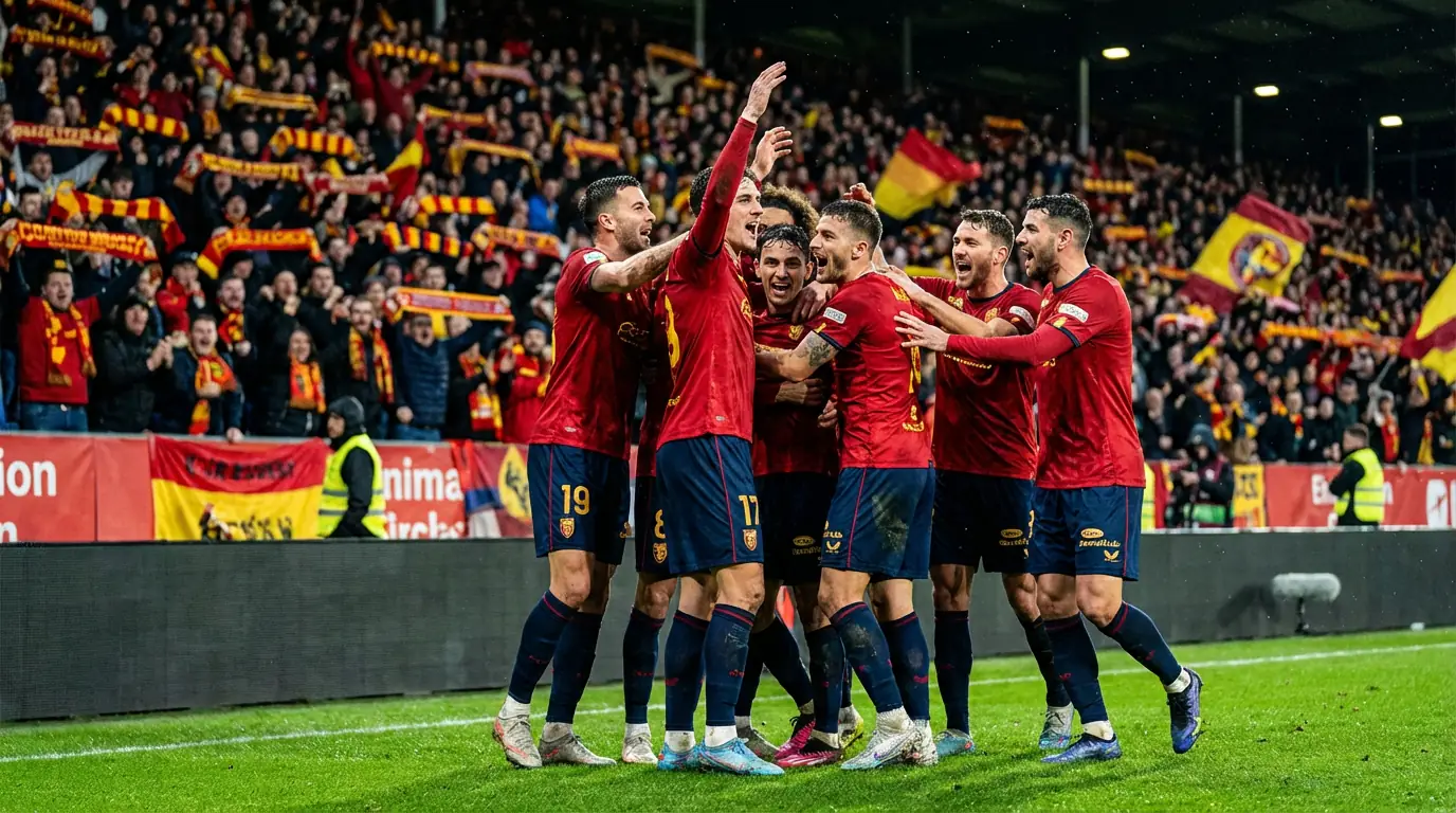Jugadores de la selección española celebrando un gol con la camiseta roja en un estadio lleno de aficionados