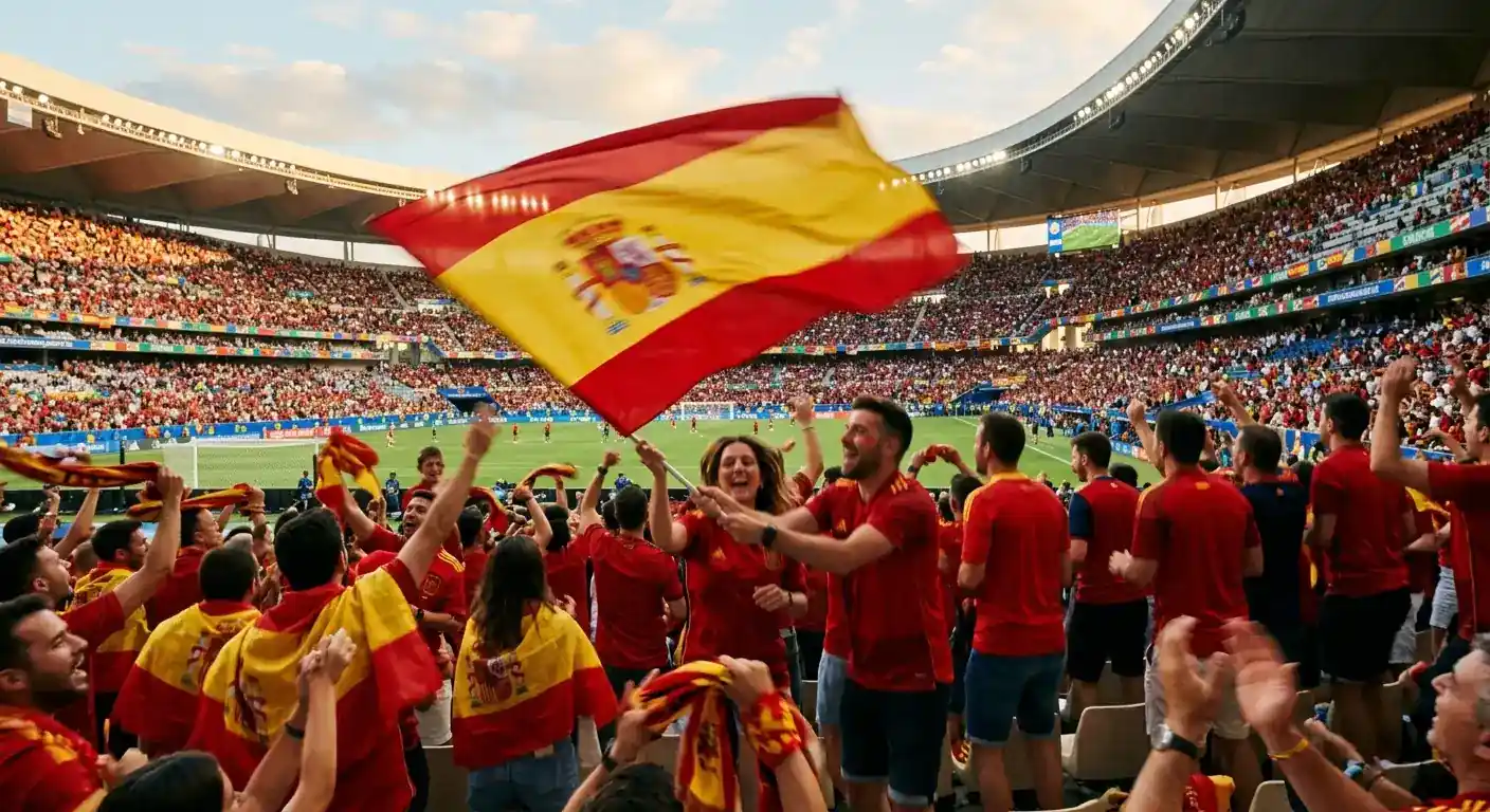 Aficionados españoles animando con la bandera de España durante el Mundial 2026