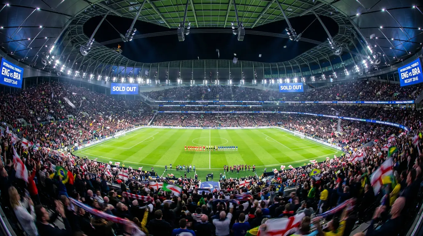 Vista panorámica de un estadio de fútbol lleno de espectadores durante un partido nocturno del Mundial
