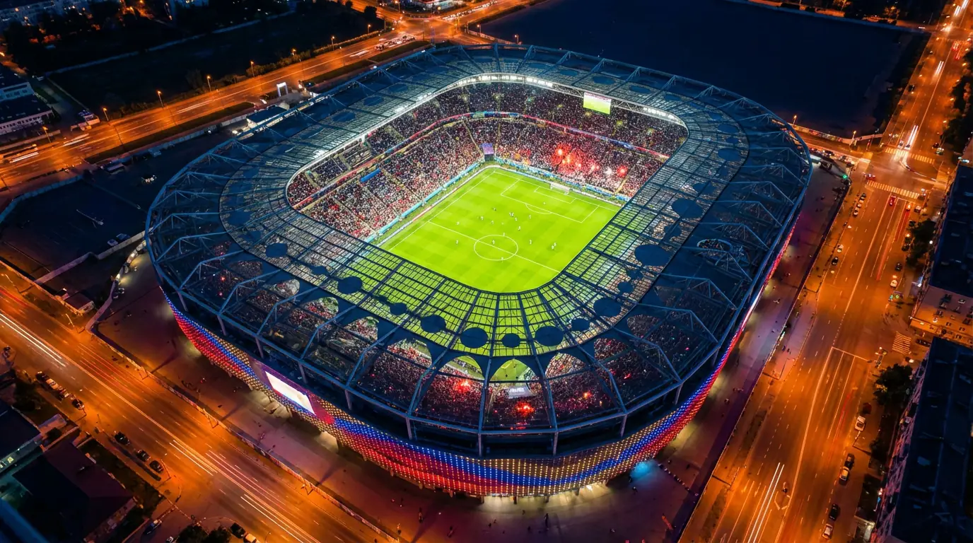 Vista aérea de un estadio de fútbol moderno iluminado durante un partido nocturno