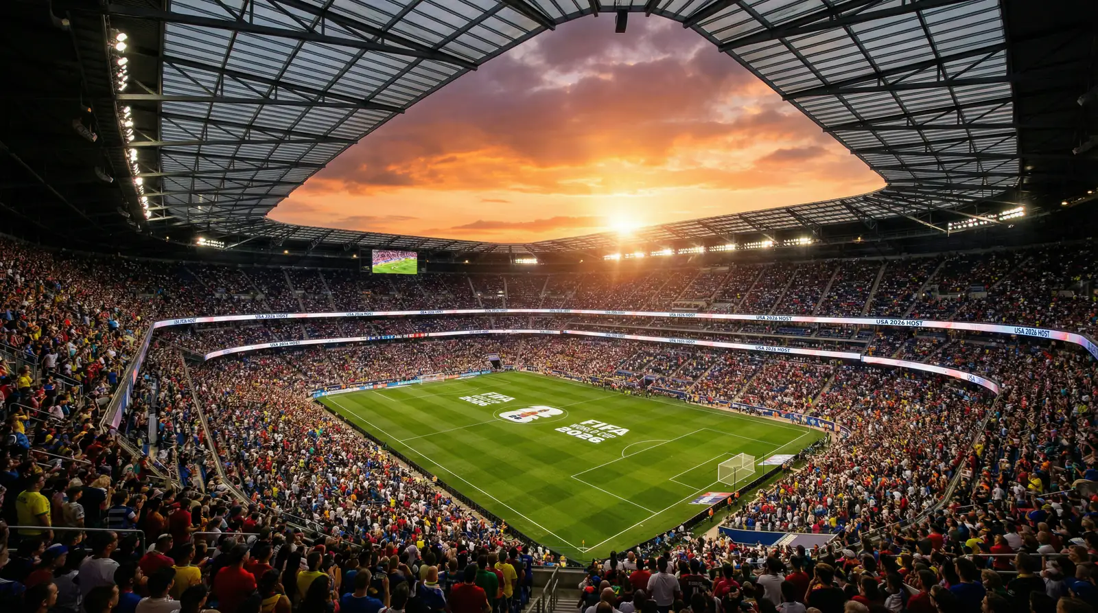 Estadio de fútbol iluminado al atardecer antes de un partido del Mundial 2026